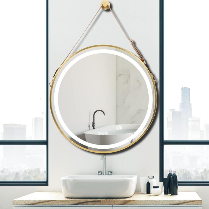 foto del prodotto unho specchio bagno led luce 80cm rotondo con oro cornice, cinghia, disappannamento, interruttore touch, dimmerabile, memoria