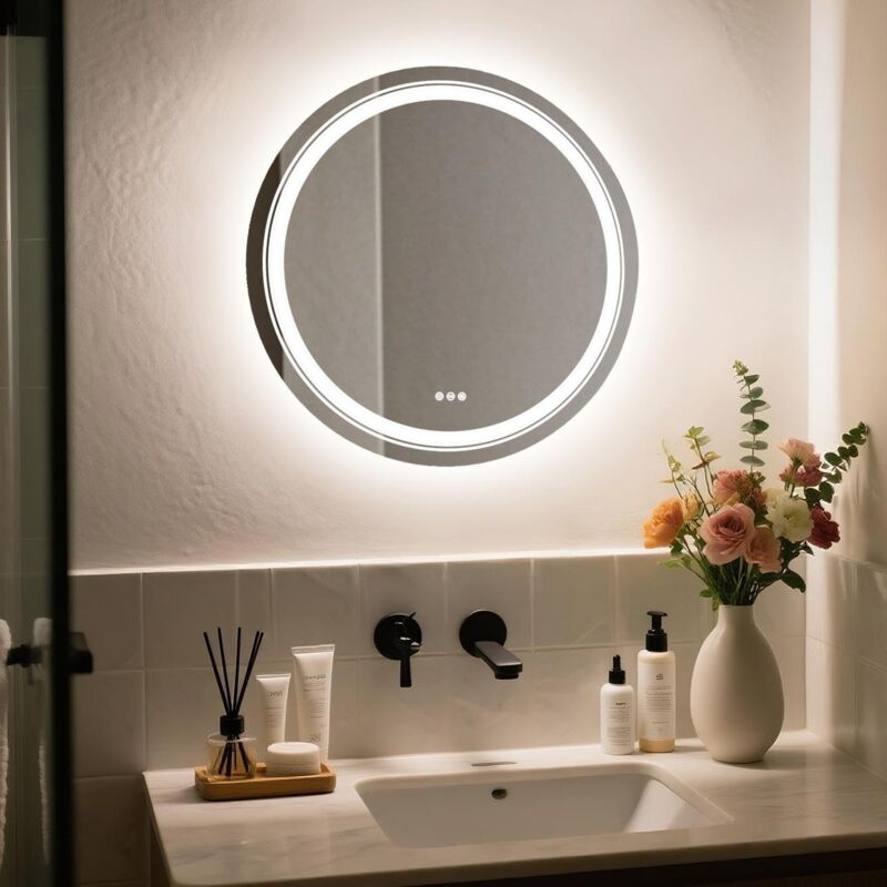 foto del prodotto unho specchio bagno led luce retroilluminato frontale piu luminoso, rotondo specchio smart touch 60cm, dimmerabile 3 colori, antiappannamento