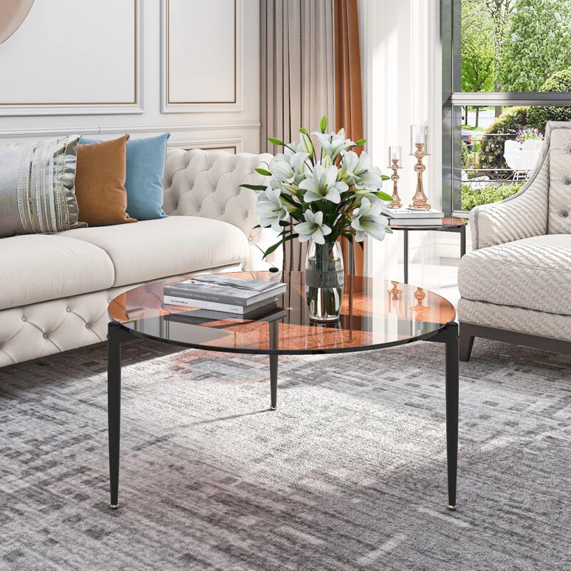 foto del prodotto unho - tavolino da caffe rotondo tavolino in vetro temperato tavolino da divano soggiorno decorativo centro divano camera da letto struttura in