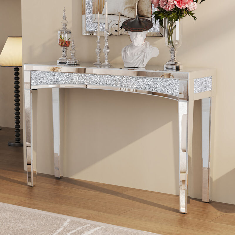 foto del prodotto unho tavolo consolle ingresso a specchio vetro cristallo incastonato consolle entrata argento moderno 120cm