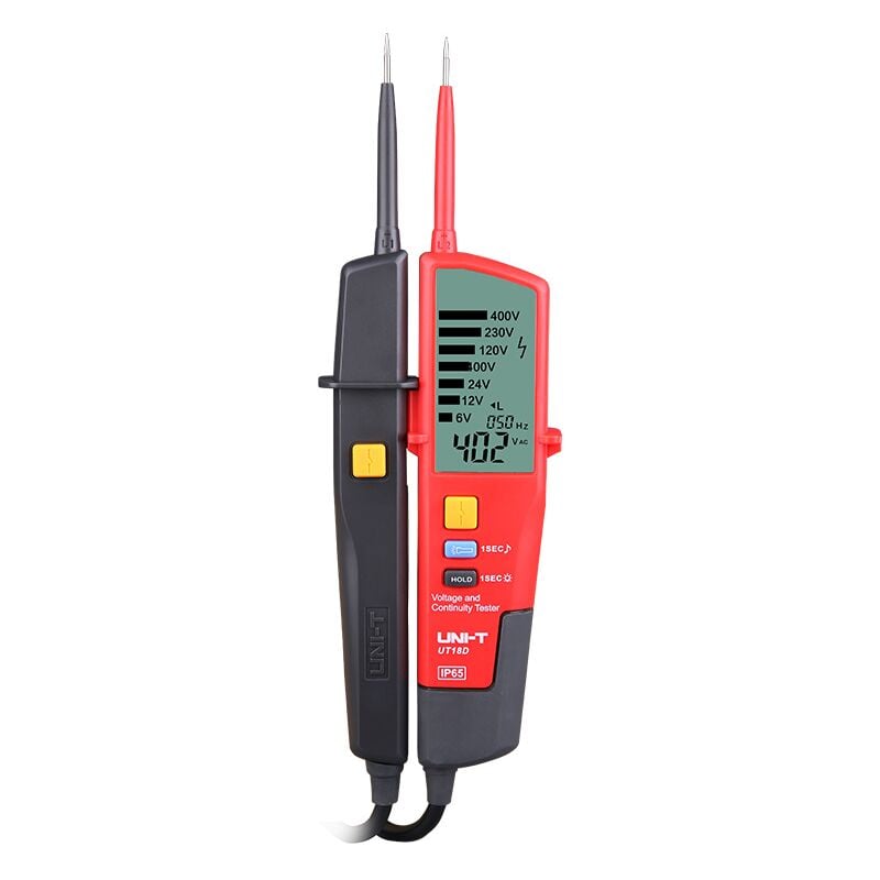 foto del prodotto uni t tester di tensione ut18d cat iv 600v funzioni tensione dc, tensione ac, rotazione delle fasi, test rcd, test di continuit 