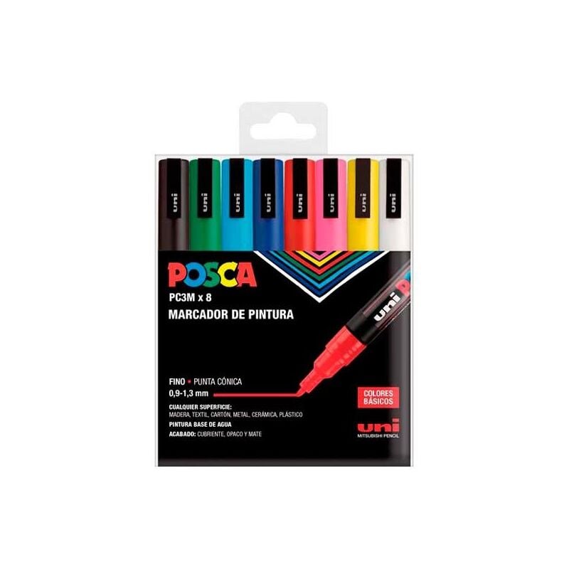 foto del prodotto uniball marker posca pc 3m 8c non permanente a punta fine 0,9mm 1,3mm colori assortiti basic case 8u .