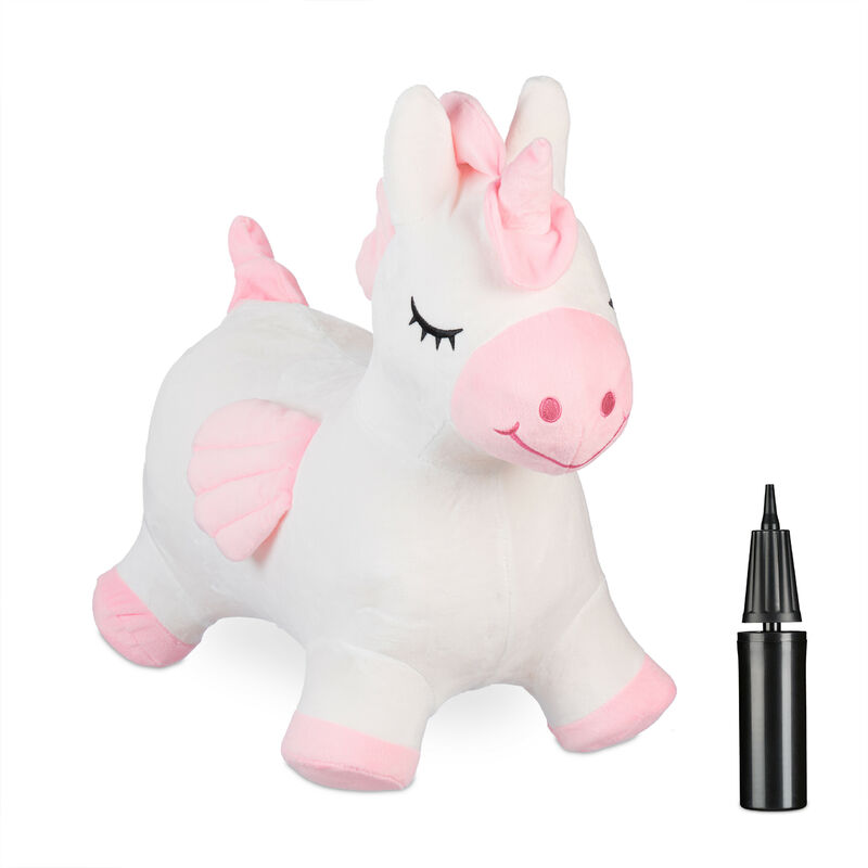 foto del prodotto unicorno gonfiabile per bambini, 3 anni, animale saltellante, regge 50 kg, bpa free, con pompa, rosa bianco relaxdays