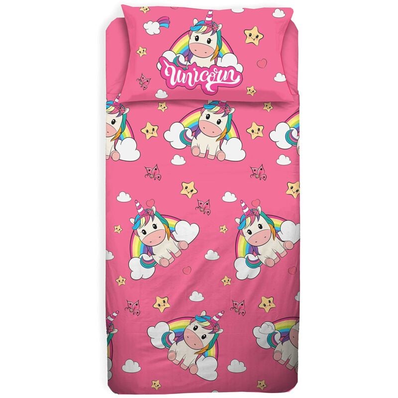 foto del prodotto unicorno, lenzuolo letto singolo bambina, completo letto, rosa, lenzuolo sopra, lenzuolo con angoli, federa, 100 percento cotone, lenzuola cameretta
