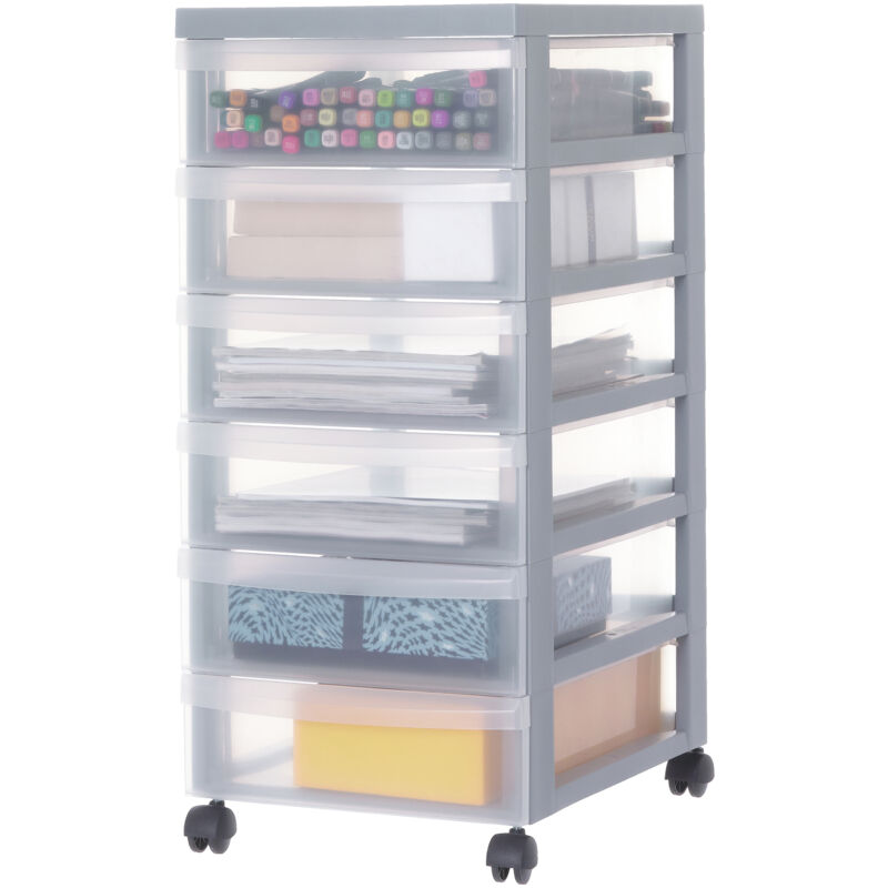 foto del prodotto unidad de almacenamiento de pl stico con ruedas y 6 cajones superficiales, gris, asas de f cil extracci n, multiusos, a4, a5, para oficina, hogar,