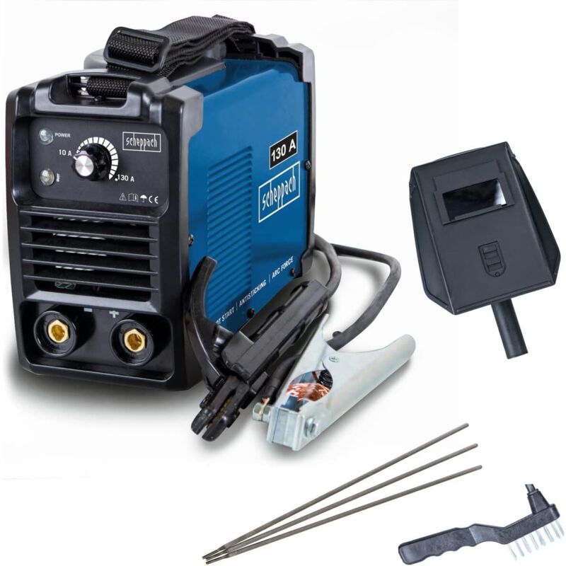 foto del prodotto unit di saldatura scheppach 130a con maschera, spazzola 3 bacchette wse1000