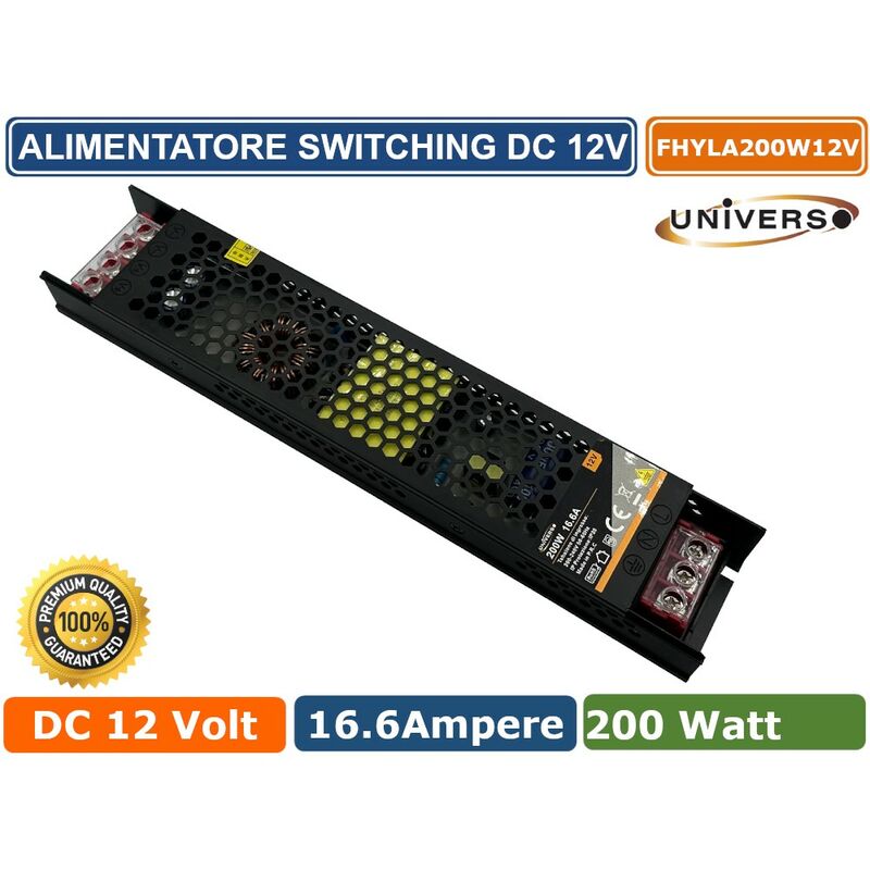foto del prodotto universo alimentatore slim metallico stabilizzato 200w per uso interno dc12v 16.6a 2 uscite con morsetti a vite