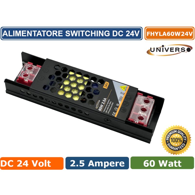 foto del prodotto universo alimentatore slim metallico stabilizzato switching trimmer 220v 24v 2.5a 60 watt colore nero