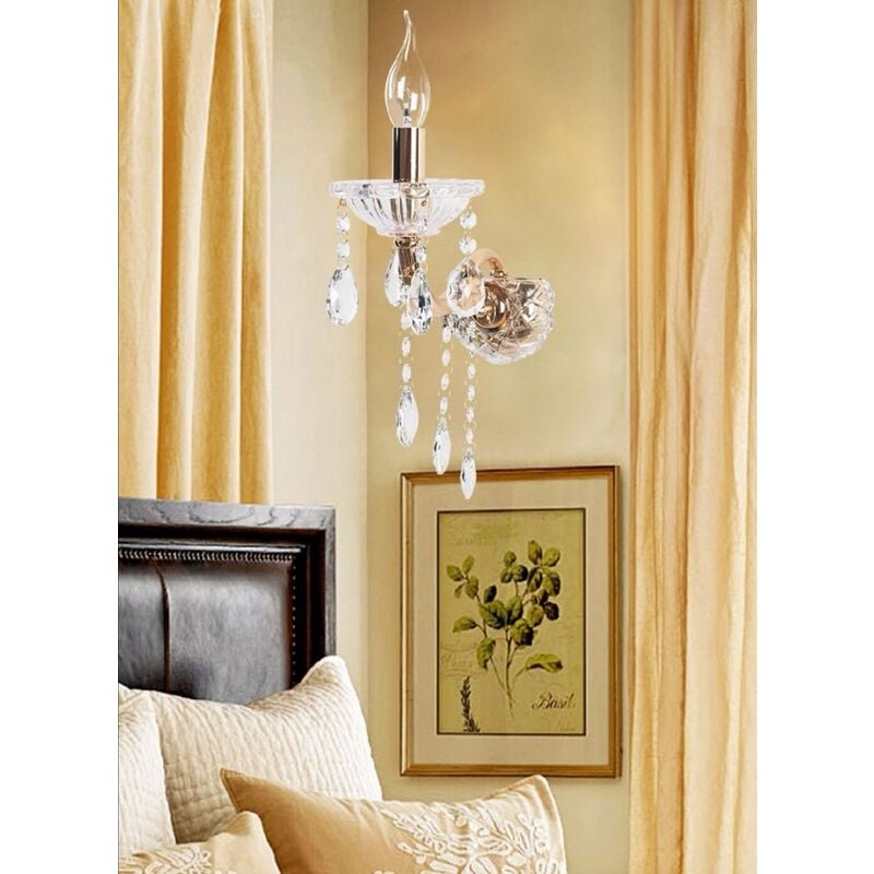 foto del prodotto universo applique da parete con cristalli in vetro singola luce led e14 lampada lume muro design classico argento oro oro