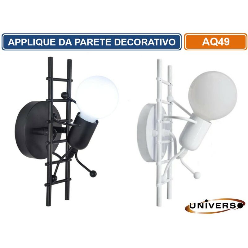 foto del prodotto universo applique lampada da parete decorativa in metallo con attacco e27 forma omino su scala bianca nera colore nero