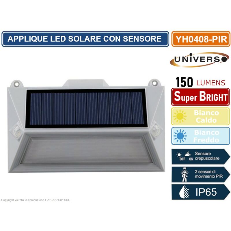 foto del prodotto universo applique led ricaricabile 3.6w con pannello solare con doppio sensore di movimento e crepuscolare ip65 colore luce bianco caldo