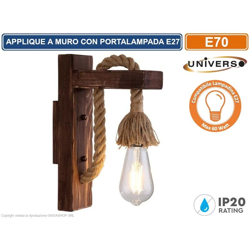 foto del prodotto universo applique vintage country retro da parete in corda e legno con portalampada per lampadine e27