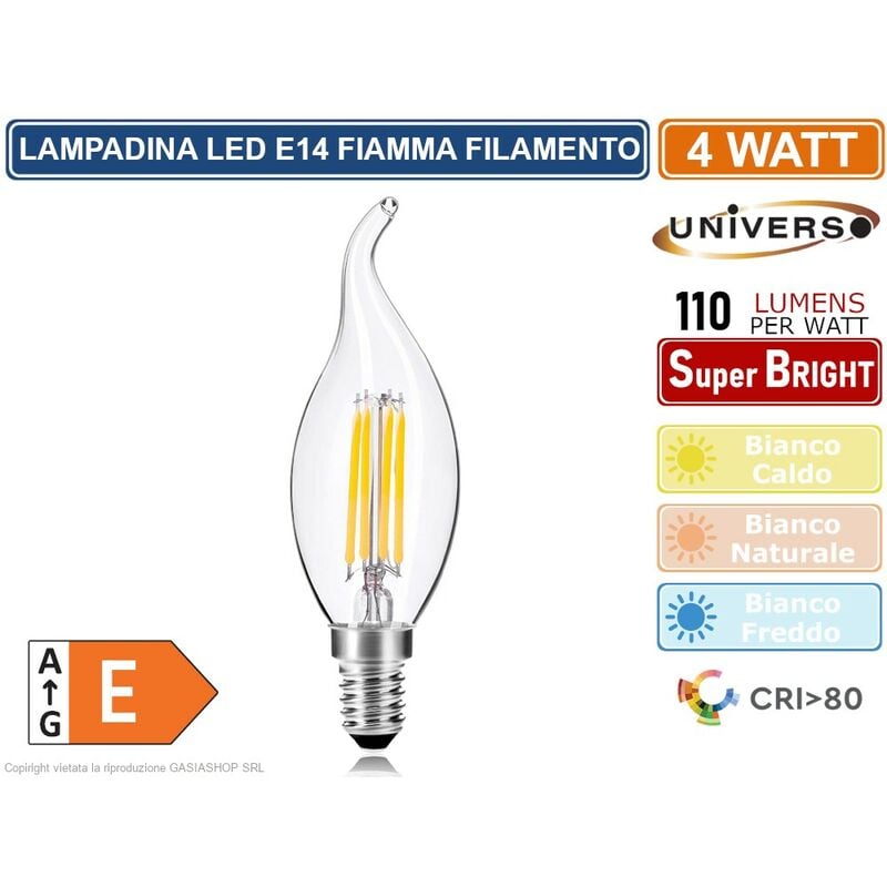 foto del prodotto universo c35a t lampadina led filamento e14 4w candela a fiamma 3000k 4000k 6500k colore luce bianco caldo