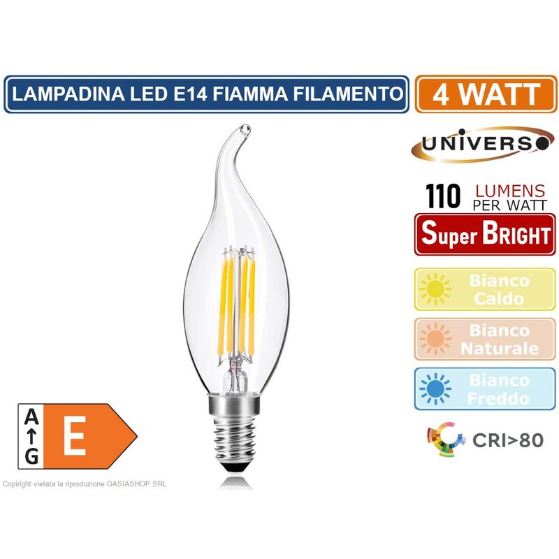 foto del prodotto universo c35a t lampadina led filamento e14 4w candela a fiamma 3000k 4000k 6500k colore luce bianco freddo