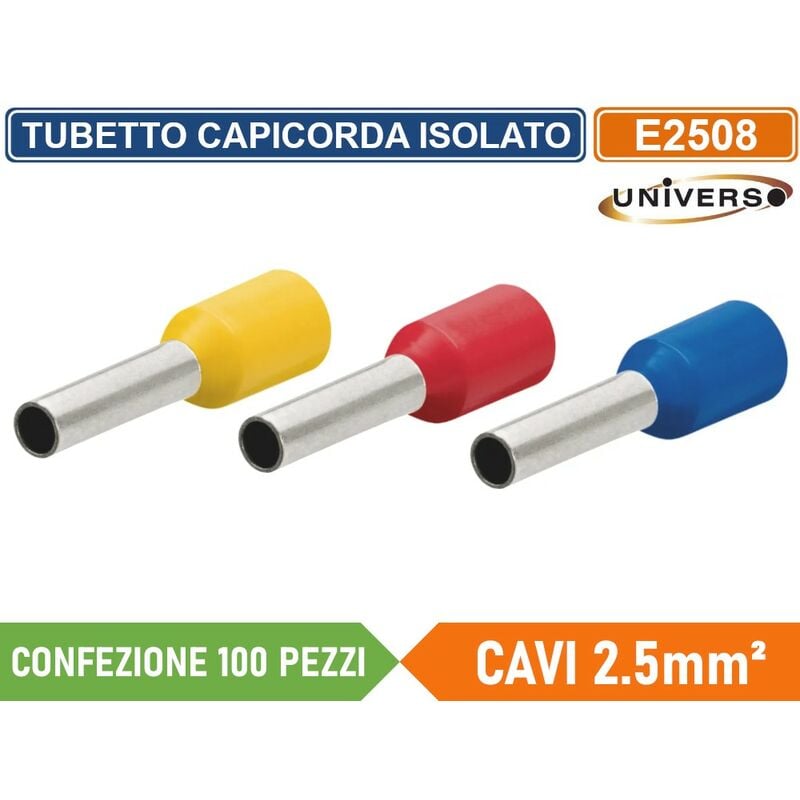 foto del prodotto universo confezione 100 pezzi tubetto terminale capicorda isolato per cavi da 2.5mm terminale da 8mm giallo rosso blu colore giallo