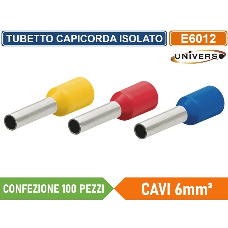 foto del prodotto universo - confezione 100 pezzi tubetto terminale capicorda isolato per cavi da 6mm² terminale da 12mm - giallo rosso blu - colore: giallo