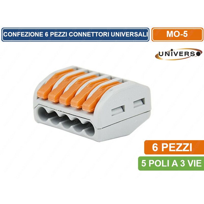 foto del prodotto universo confezione con 6 connettori universali 5 poli a 1 via sku mo 5