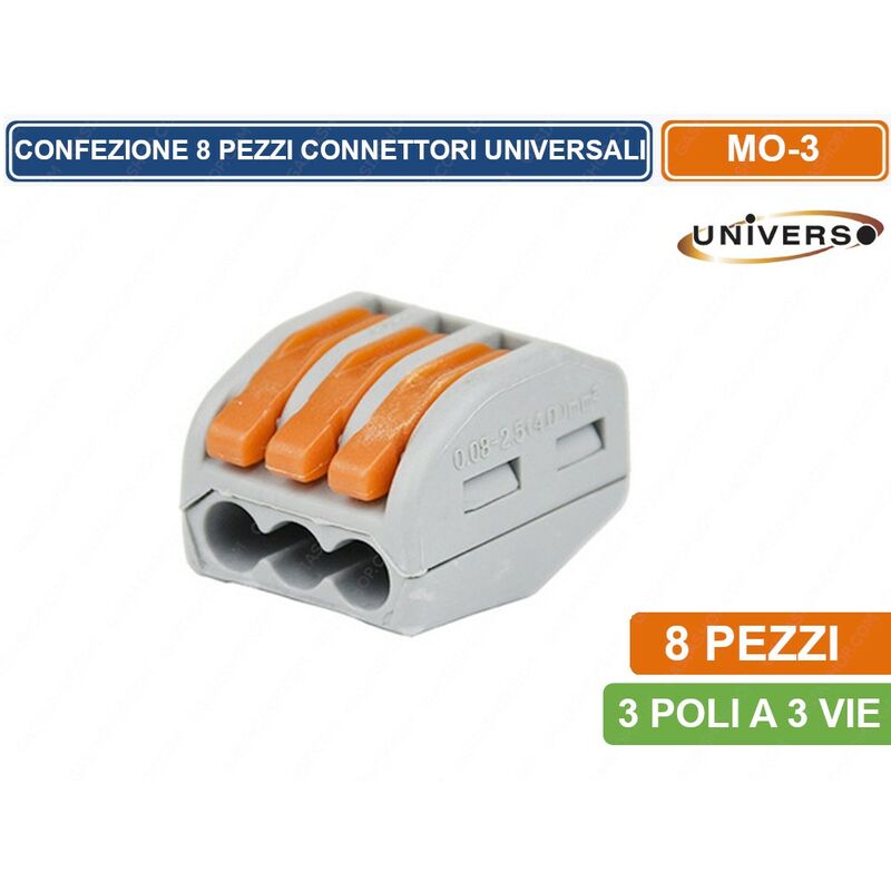 foto del prodotto universo confezione multipla con 8 connettori universali 3 poli a 1 via