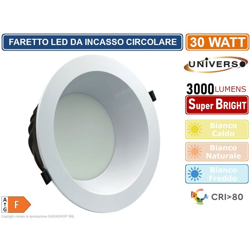 foto del prodotto universo faretto smd led da incasso rotondo 30w 3000 lumen 4000k 6500k colore luce bianco naturale