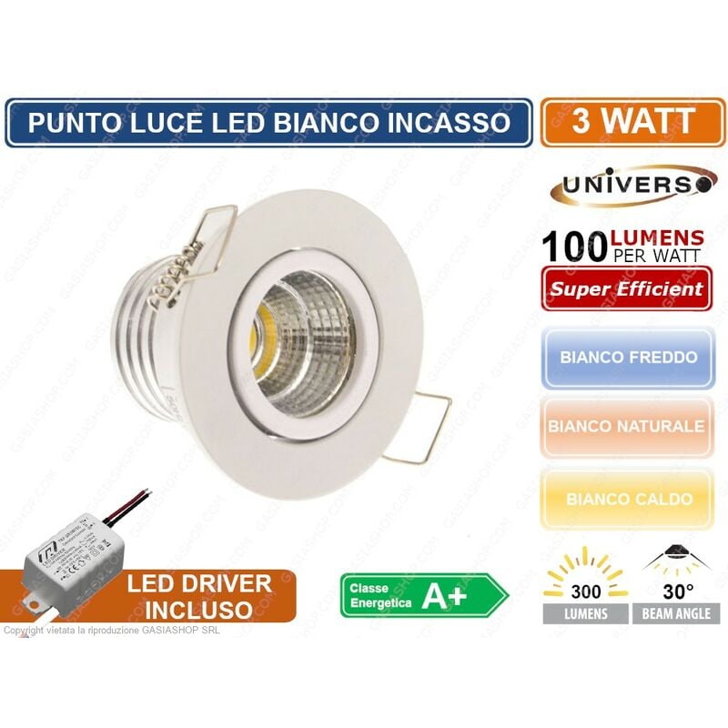 foto del prodotto universo faro faretto led punto luce rotondo colore bianco incasso 3w 3000k 4000k 6500k colore luce bianco caldo