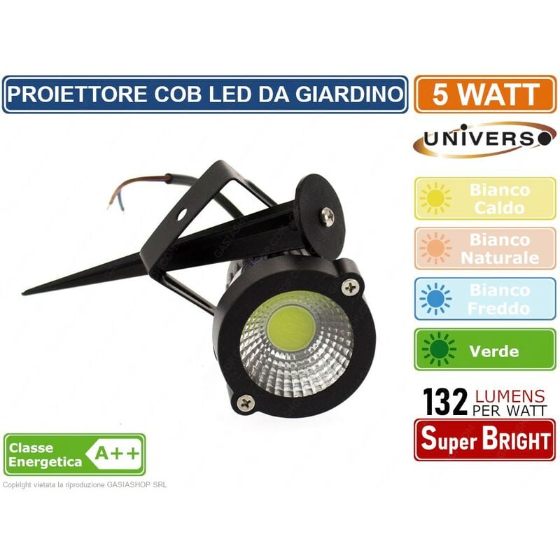 foto del prodotto universo faro proiettore cob led orientabile da giardino con picchetto 5w ip65 luce bianco caldo freddo naturale verde colore luce bianco