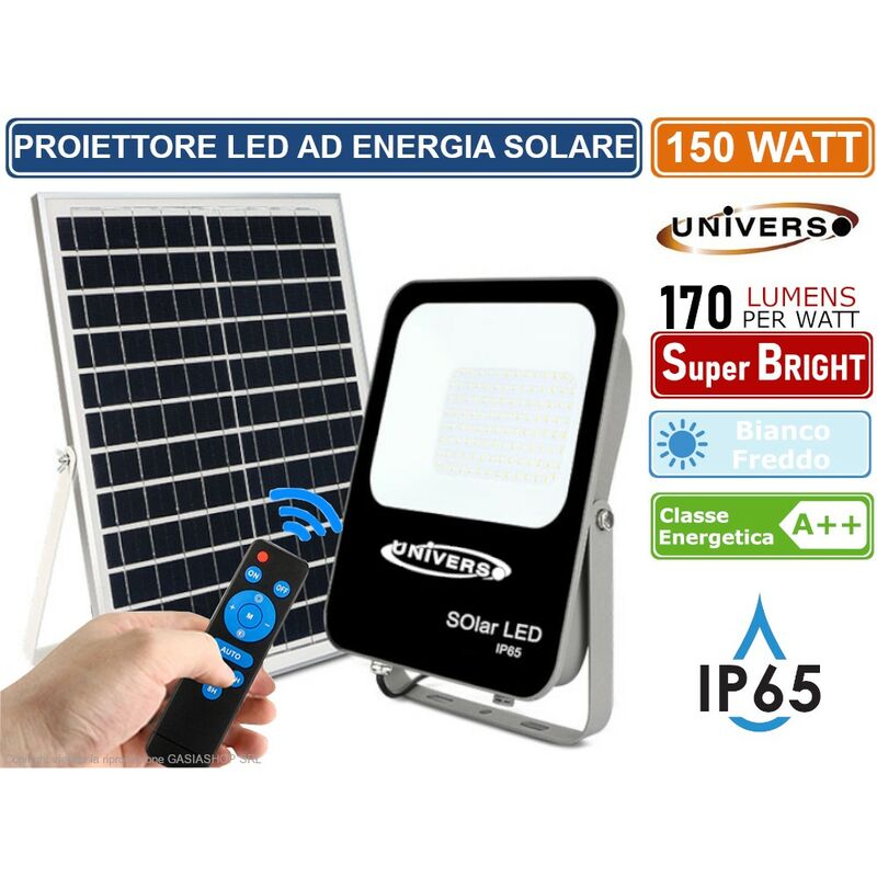 immagine 0 del prodotto universo fso 150w proiettore faro led 150w a batteria con pannello solare e telecomando 170 lumens watt ip65 bianco freddo 6500k