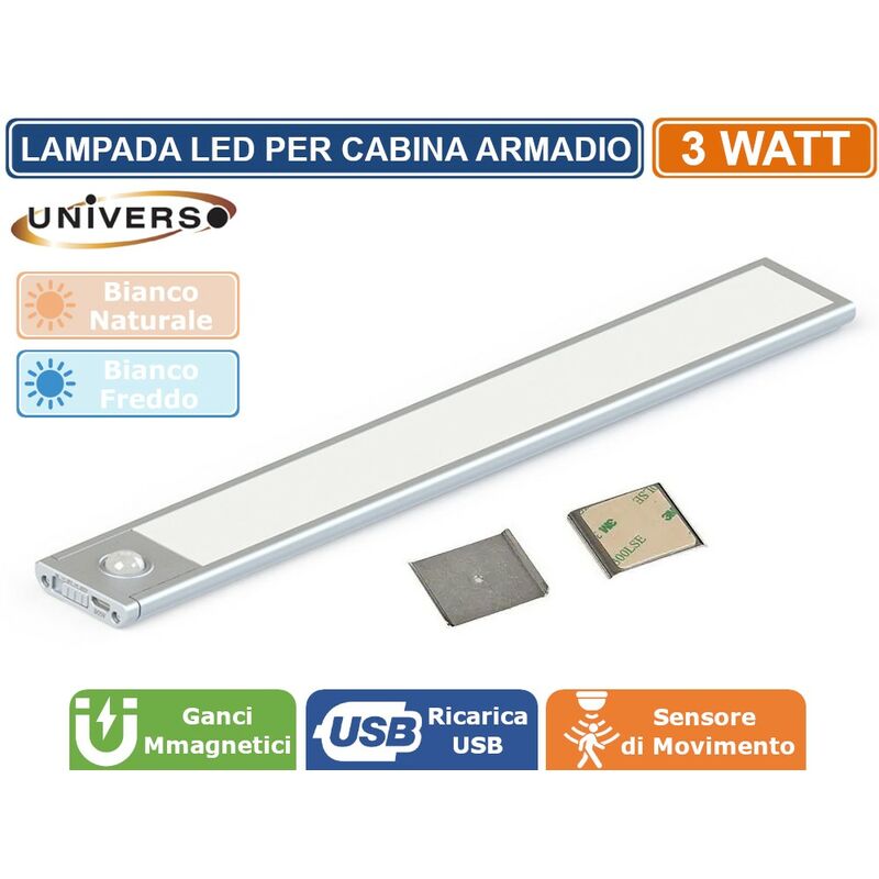 foto del prodotto universo lampada led calamitata da parete per cabine armadio 60cm alimentata a batterie ricaricabili con sensore di movimento 3w 210 lumen colore