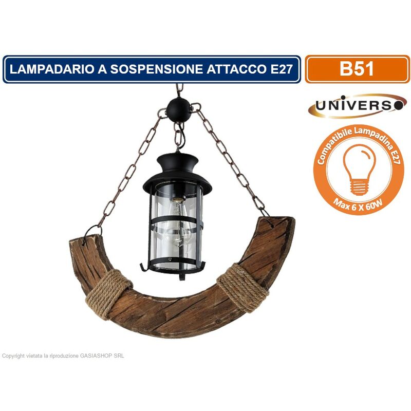 foto del prodotto universo - lampadario a sospensione coutry rustico in legno con lanterna attacco e27