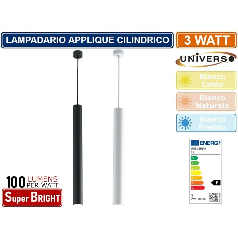 foto del prodotto universo lampadario applique a sospensione di forma cilindrica 3w 300 lumen colore bianco nero colore luce bianco caldo colore nero