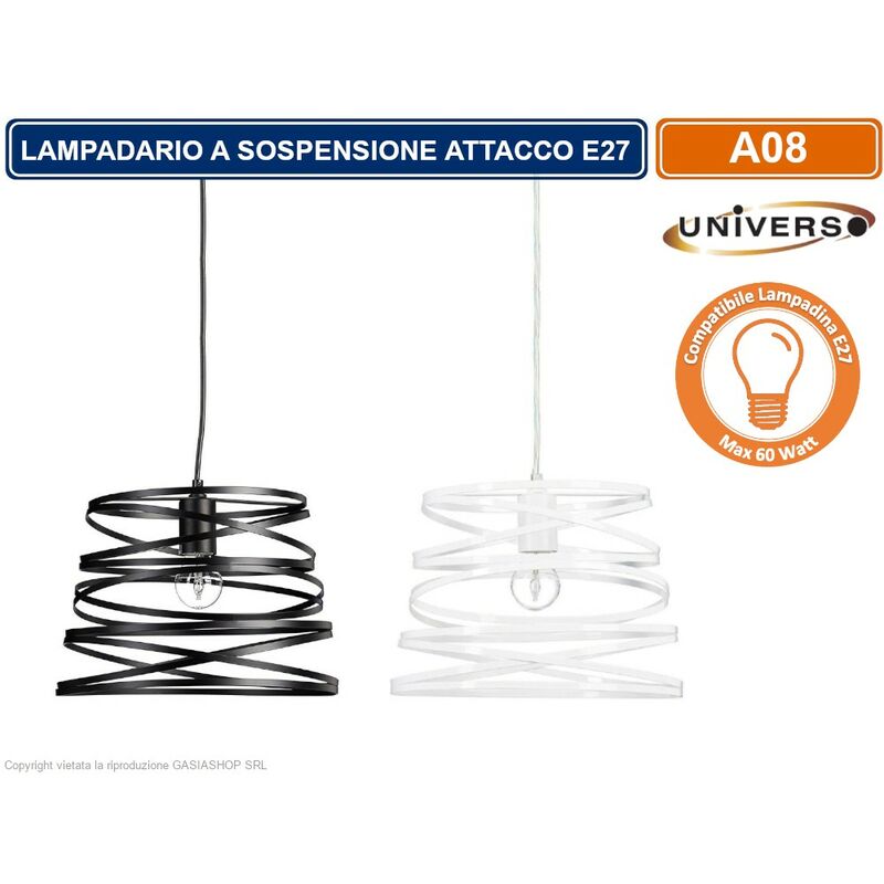 foto del prodotto universo lampadario moderno a sospensione con paralume in metallo traforato a vortice attacco e27 bianco nero colore bianco