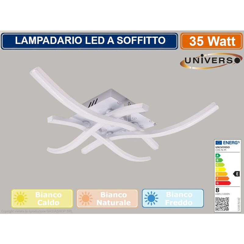 foto del prodotto universo lampadario plafoniera led moderno attacco a soffitto 35 watt bianco con 4 bracci ondulati colore luce bianco naturale