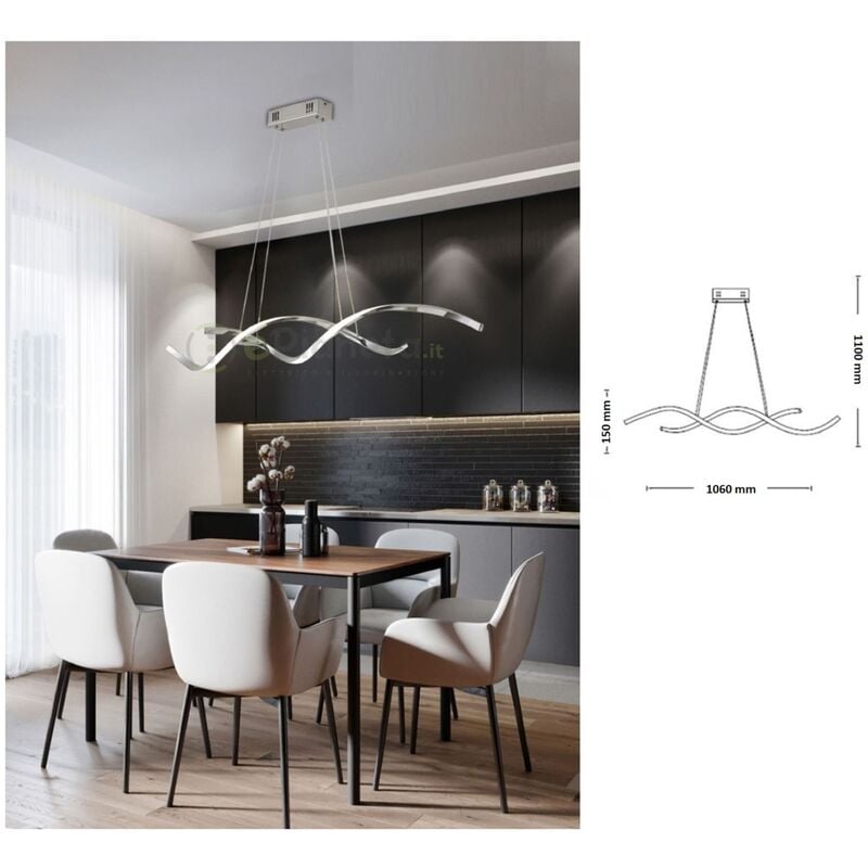 foto del prodotto universo lampadario sospeso led 28w spirale intrecciato design moderno argento orizzontale luce bianca per camera cucina soggiorno