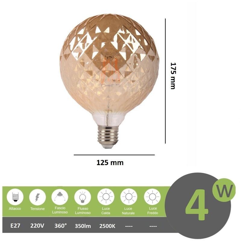 foto del prodotto universo lampadina filamento led attacco grande e27 4w sfera globo ambra effetto cristallo lampada decorativa vintage luce calda