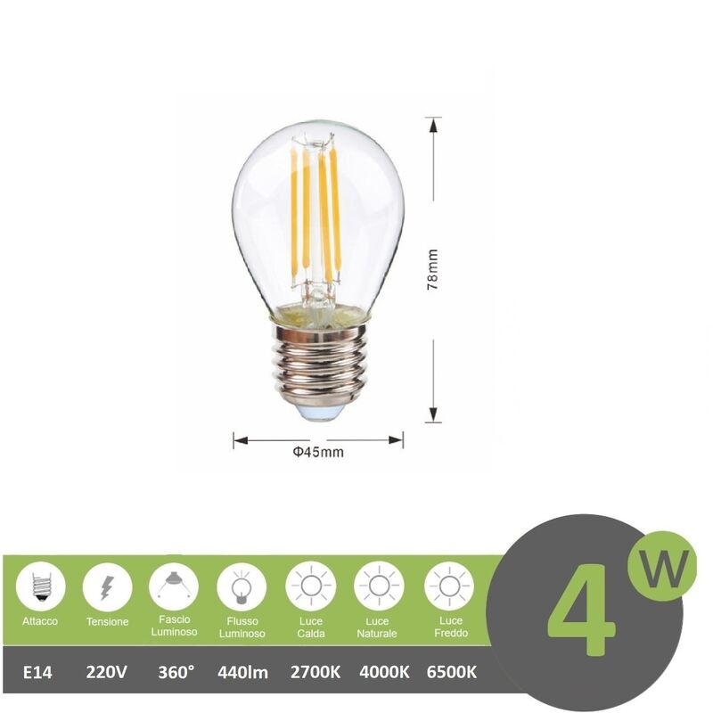 foto del prodotto universo lampadina filamento led g45 4w attacco grande e27 globo bulbo sfera luce bianca naturale calda bianco freddo