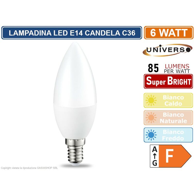 foto del prodotto universo lampadina led candela c36 attacco e14 potenza 6w 510 lumen 3000k 4000k 6500k colore luce bianco naturale