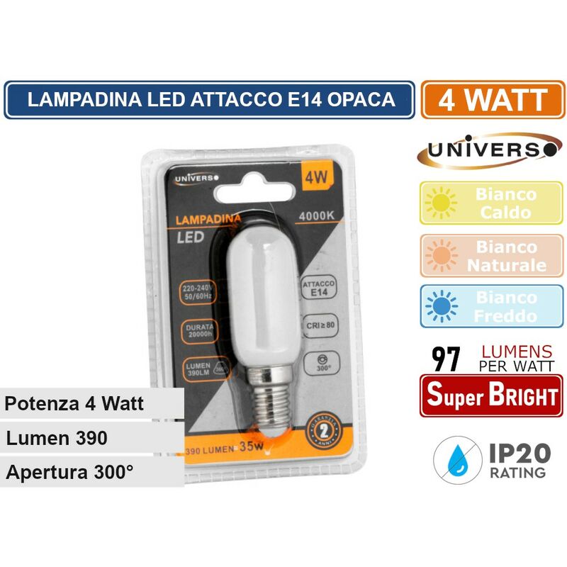 foto del prodotto universo lampadina led e14 4w tubolare t25 390 lumen apertura 300 luce calda naturale fredda colore luce bianco caldo