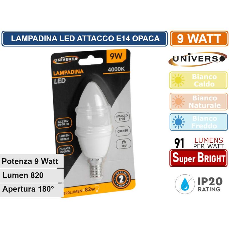 foto del prodotto universo lampadina led e14 9w candle c37 candela smd 820 lumen luce calda naturale fredda colore luce bianco naturale