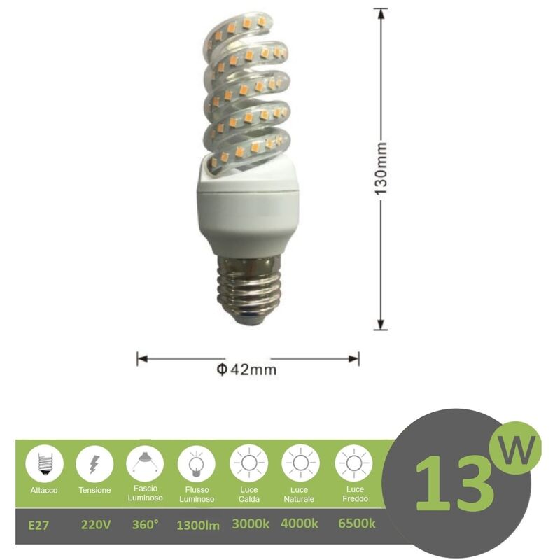 foto del prodotto universo lampadina led e27 13w tortiglione vortice luce spirale attacco grande bianca fredda naturale calda calda 3000k