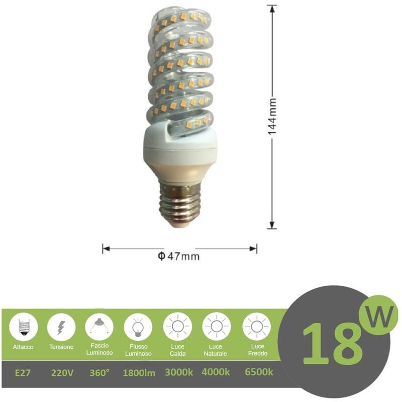 foto del prodotto universo lampadina led e27 18w tortiglione vortice luce spirale attacco grande bianca fredda naturale calda bianco freddo