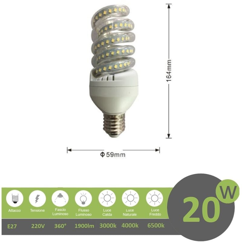 foto del prodotto universo lampadina led e27 20w tortiglione vortice luce spirale attacco grande bianca fredda naturale calda calda 3000k