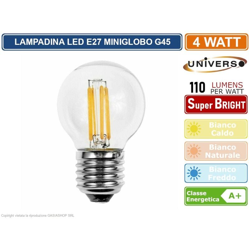 foto del prodotto universo lampadina led e27 4w miniglobo g45 a filamento 440 lumen colore luce bianco caldo