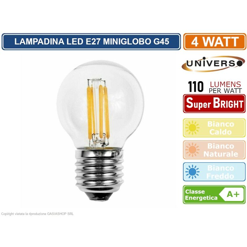 foto del prodotto universo lampadina led e27 4w miniglobo g45 a filamento 440 lumen colore luce bianco freddo