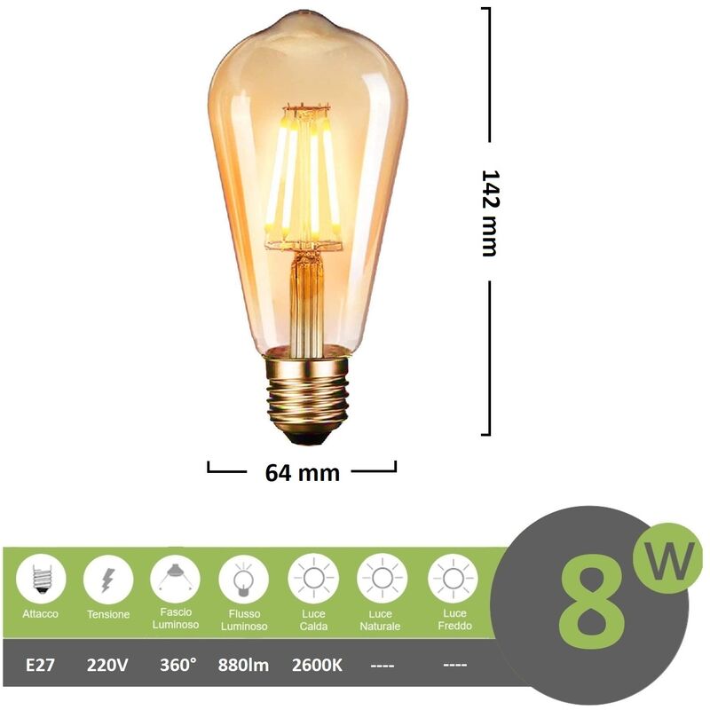 foto del prodotto universo lampadina led e27 8w bulb st64 filamento ambrata bianco caldo 2500k