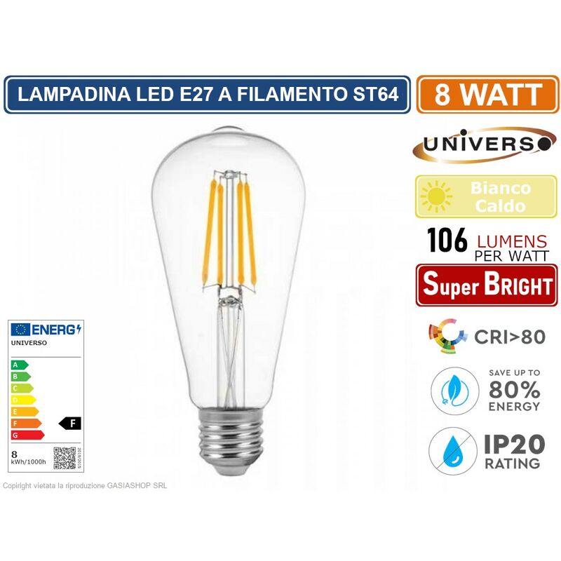 foto del prodotto universo lampadina led e27 8w bulb st64 filamento bianco caldo 2700k