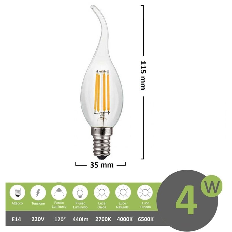 foto del prodotto universo lampadina led filamento fiamma 4w attacco piccolo e14 colpo di vento candela trasparente luce bianca naturale calda naturale