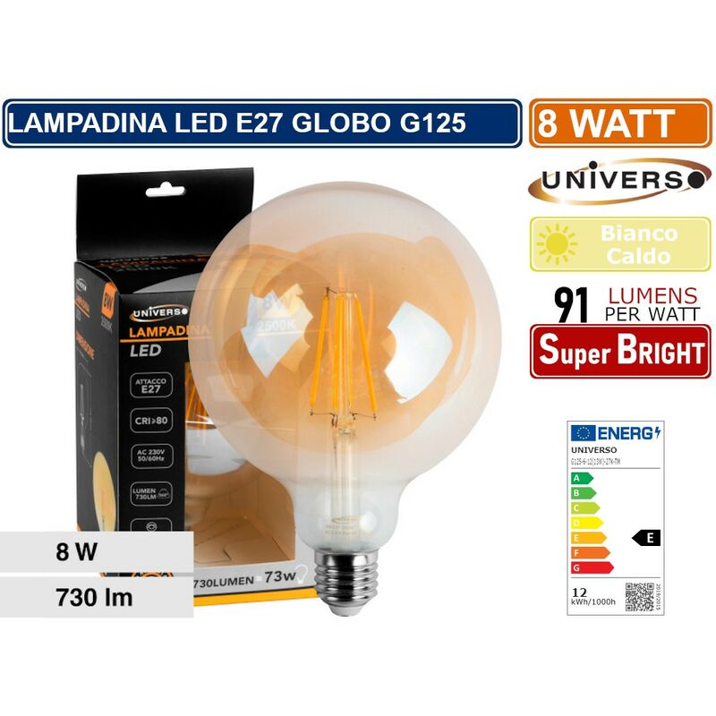 foto del prodotto universo lampadina led globo g125 a filamento vintage 8w e27 vetro ambrato luce calda 2600k
