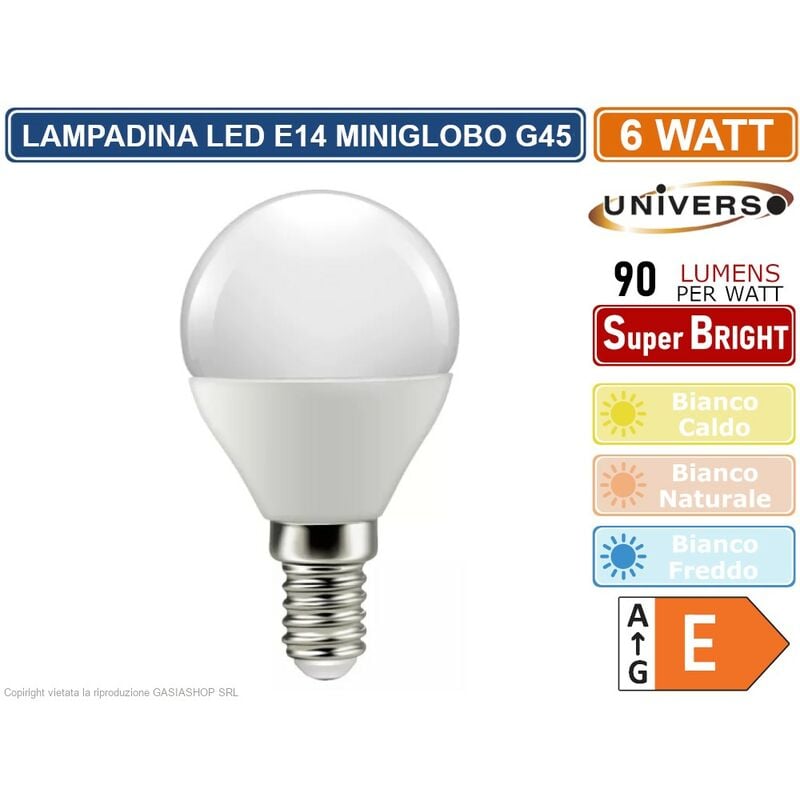 foto del prodotto universo - lampadina led miniglobo g45 attacco e14 potenza 6w - 540 lumen - 3000k 4000k 6500k - colore luce bianco freddo