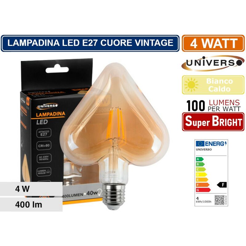 foto del prodotto universo lampadina led vintage a forma di cuore e27 4w filamento vetro ambrato luce calda 2500k pub taverne