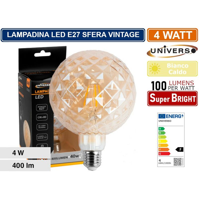 foto del prodotto universo lampadina led vintage a forma di sfera sfaccettata e27 4w vetro ambrato luce calda 2500k pub taverne