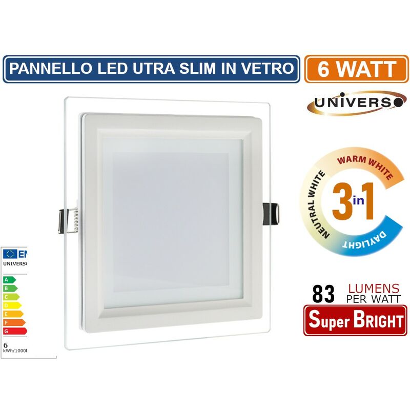 foto del prodotto universo pannello led slim quadrato da incasso con cornice in vetro 6w 500 lumen cct 3000k 4000k 6500k